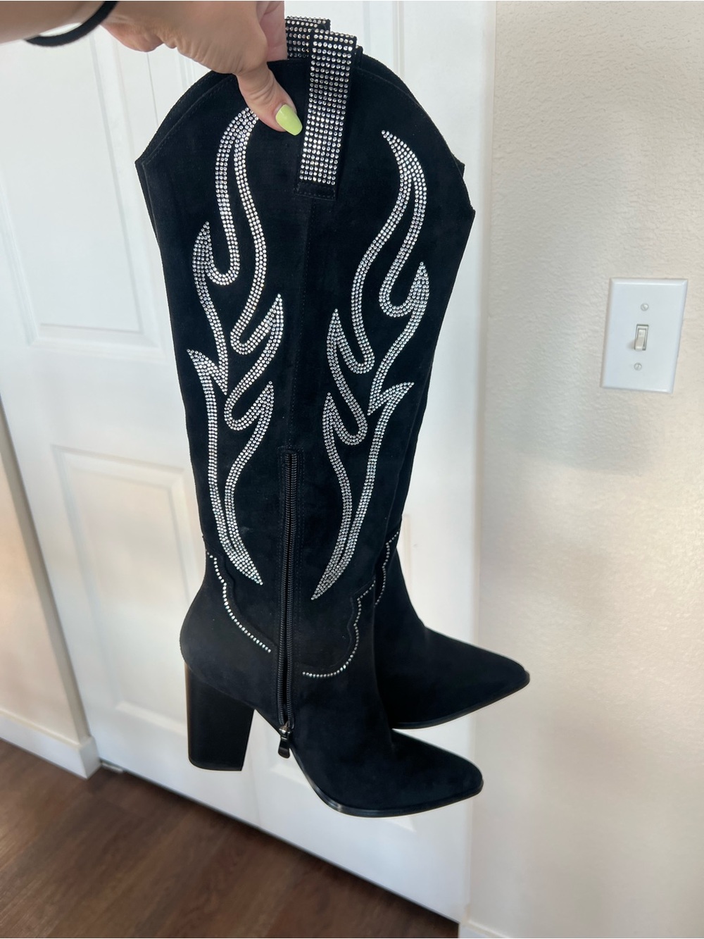 Embellished Black Suede Western Knee-High Heeled Boots